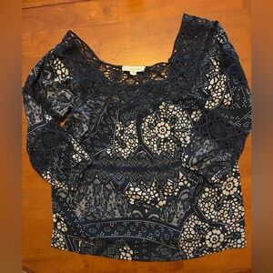 Lovestitch  Navy Blue Lace Blouse,
Size Medium. Flower 3/4 sleeve